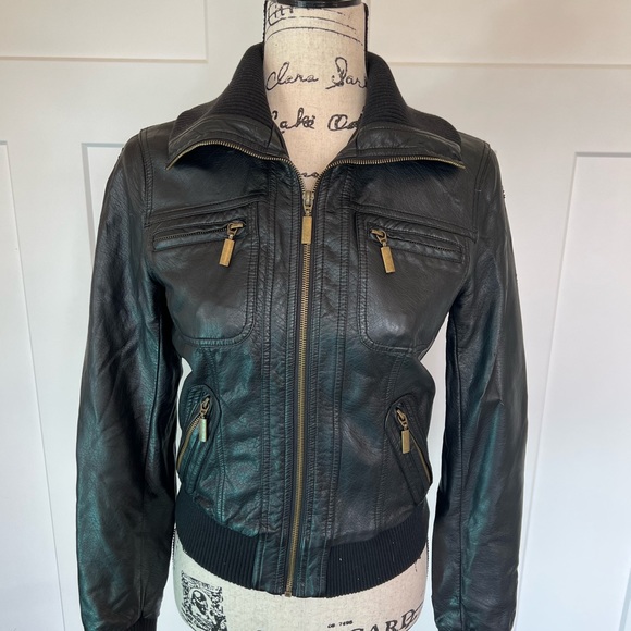 Express Faux Leather Jacket Moto Style Ribbed Collar Size XS Dark Brown - Picture 5 of 13